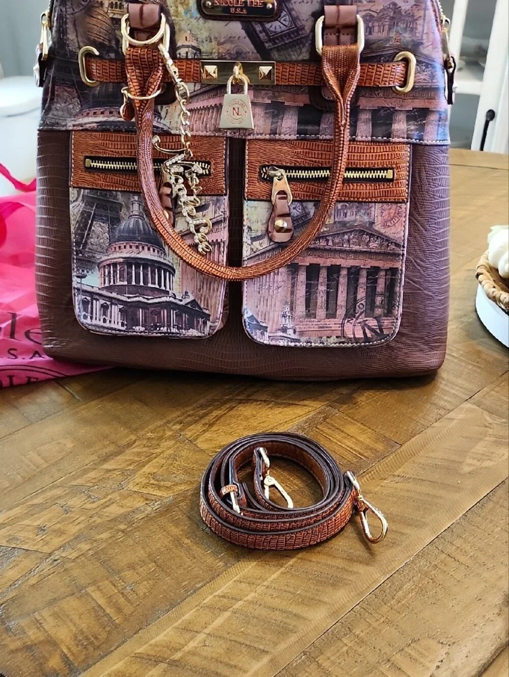 Nicole Lee Brown Roma Print Dome Satchel with Gold Hardware